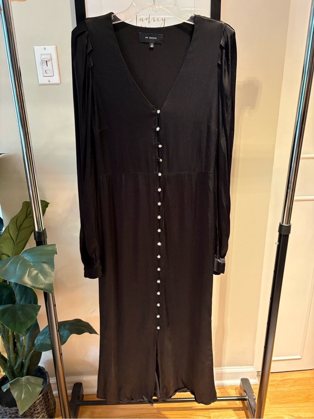 En Saison Black Satin V-Neck Crystal Button Maxi Dress - Size S - Picture 2 of 7